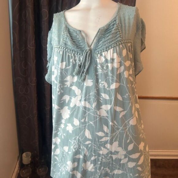 Daniel Rainn Green White Floral tie front cap sleeves blouse, size XXL - Picture 1 of 5